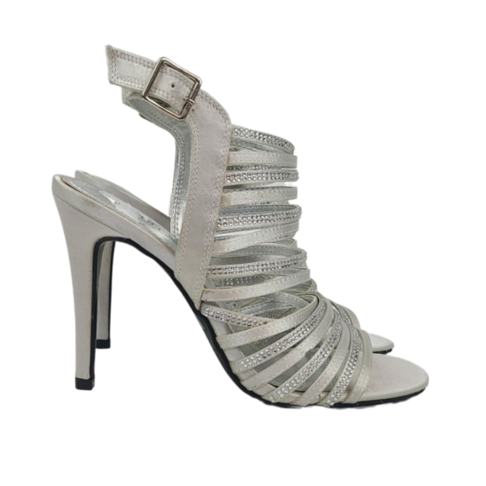 Vintage Silver Cage Strap High Heel Sandals Y2K Strappy Shoes Heels, 7.5